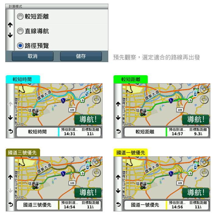 多種導航模式建議路線預覽